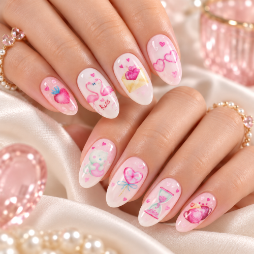 Водни стикери за маникюр с романтични pink мотиви