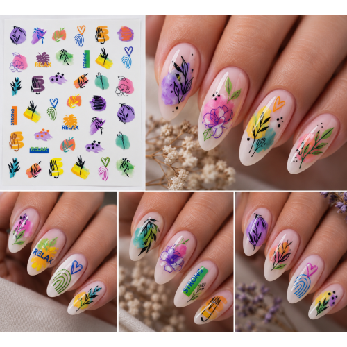 Пролетен nail art с цветни флорални стикери в розово, лилаво, зелено и жълто