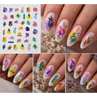 Пролетен nail art с цветни флорални стикери в розово, лилаво, зелено и жълто